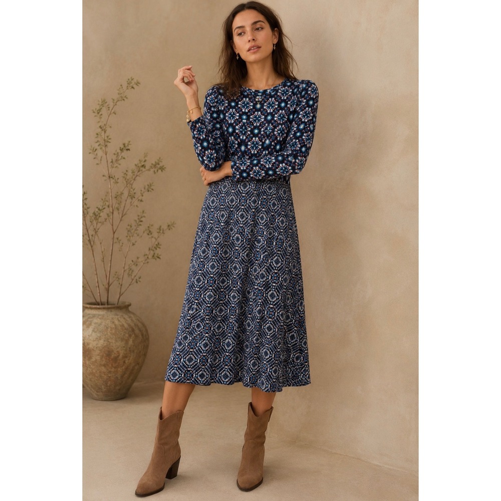 FatFace Midi‎ Dress Blue Floral Geometric Long Sleeve US 6 Boho Fall Casual